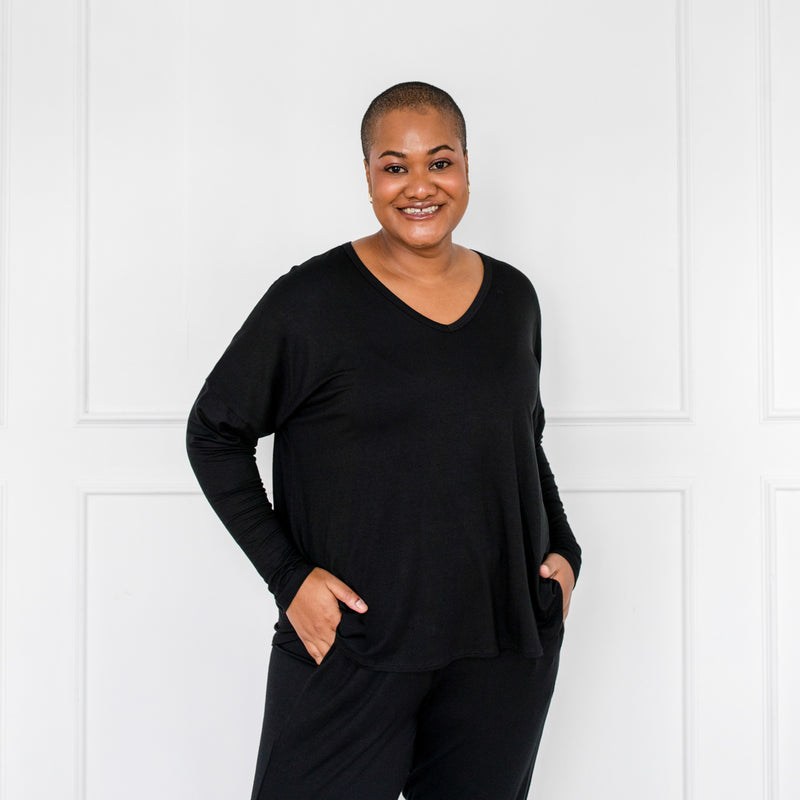 Styling You The Label Sharon relaxed V-neck long sleeve tee - black Made in Australia