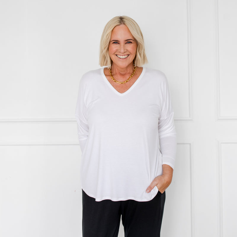 Styling You The Label Sharon relaxed V-neck long sleeve tee - white Made in Australia