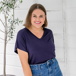 Styling You the Label Alexa jersey relaxed V-neck tee in navy. Made in Australia..