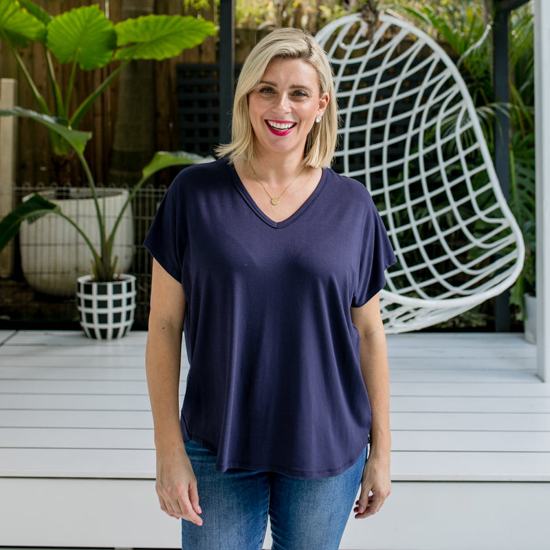 Styling You the Label Alexa jersey relaxed V-neck tee in navy. Made in Australia.