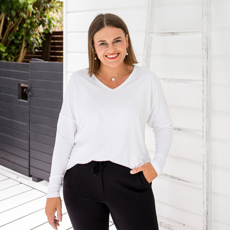 Styling You The Label Sharon relaxed V-neck long sleeve tee - white Made in Australia