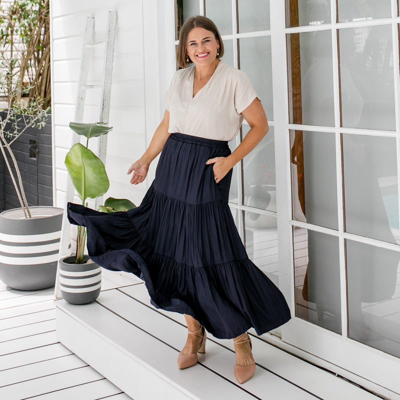 Styling You The Label Sophie technical tiered maxi skirt in navy. Made in Australia