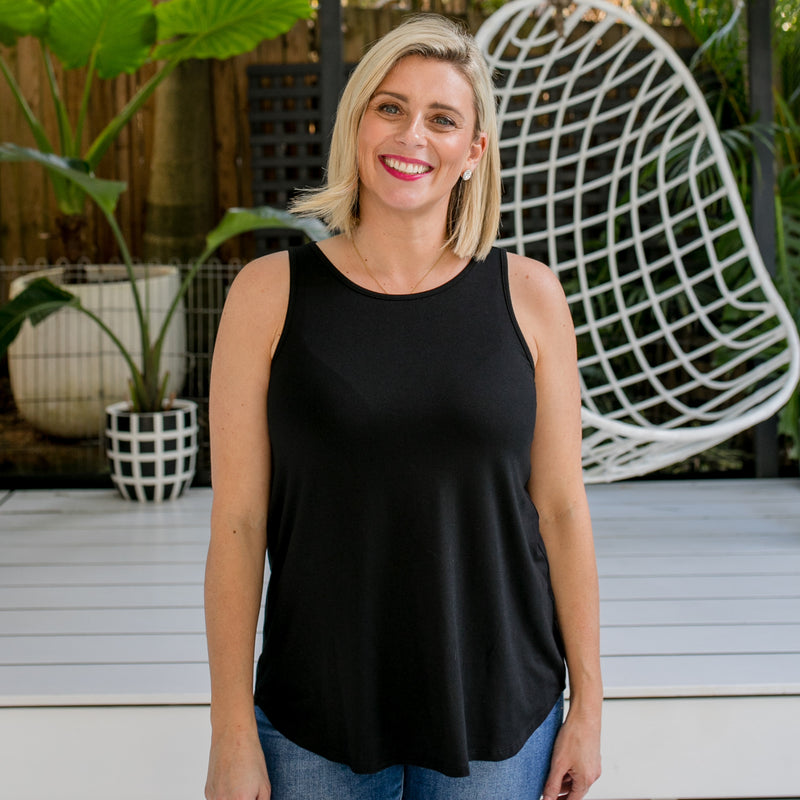 Styling You the Label Tara jersey relaxed crew-neck tank in black. Made in Australia.