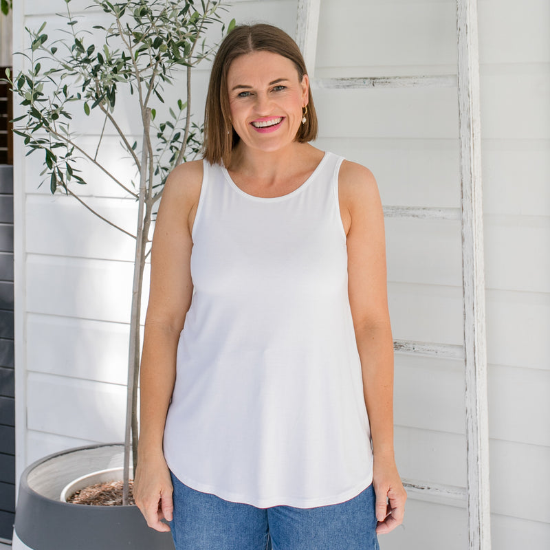 Styling You the Label Tara jersey relaxed crew-neck tank in white. Made in Australia.
