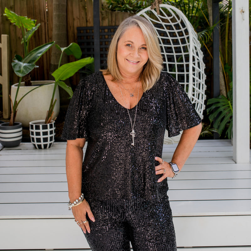 Styling You The Label Caitlin reversible sequin top - black, made in Australia