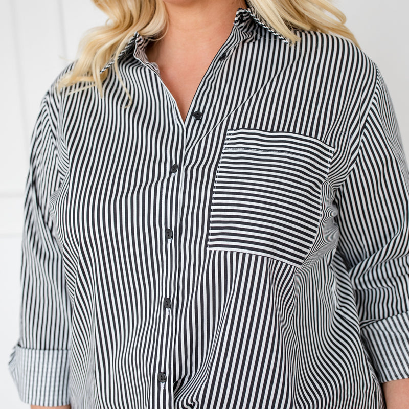 Philosophy Australia Cassandra relaxed stretch cotton shirt in black white stripe, made in Australia