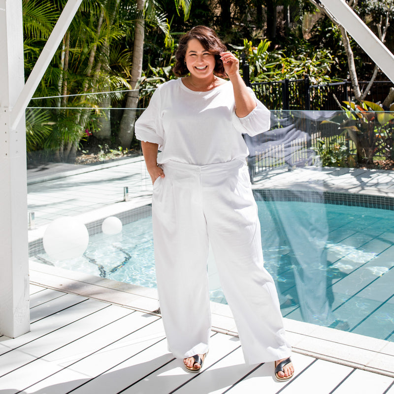 Styling You The Label Denyse stretch linen pant in white, made in Australia