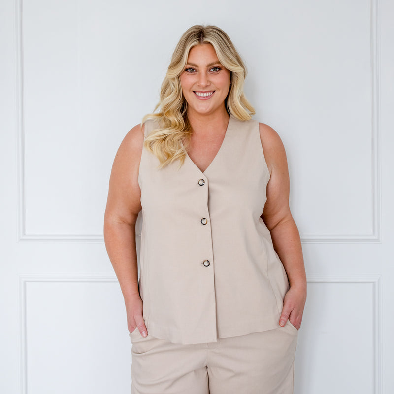 Styling You The Label Dimity stretch sleeveless tailored vest - beige, made in Australia