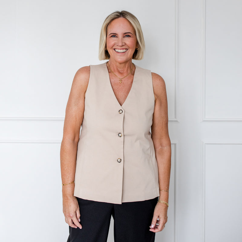 Styling You The Label Dimity stretch sleeveless tailored vest - beige, made in Australia