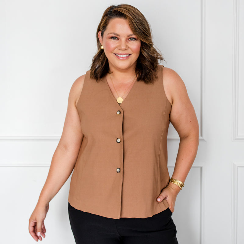 Styling You The Label Dimity stretch tailored vest - cognac, made in Australia