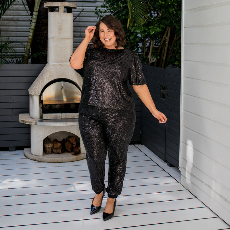 Styling You The Label Dorothy sequin joggy pant - black, made in Australia