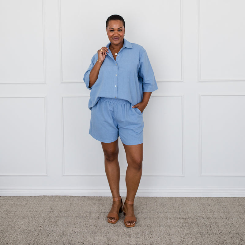 Styling You The Label Emily cotton linen shorts - blue, made in Australia