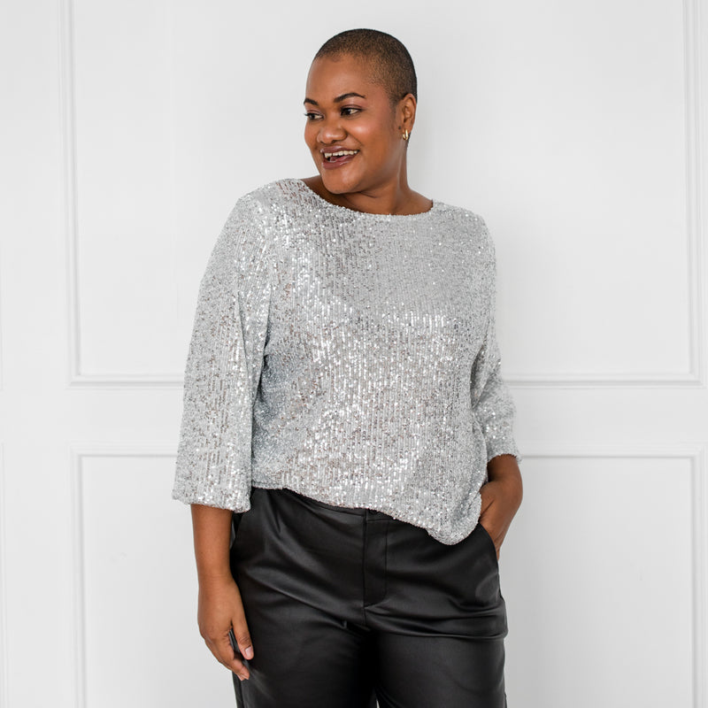 Styling You The Label Erin reversible billow sleeve sequin top - silver, made in Australia