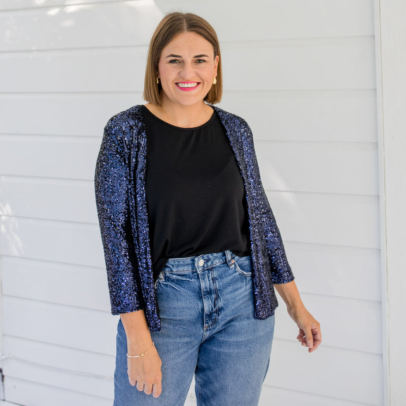 Styling You The Label Fleur sequin cardi in midnight navy, made in Australia