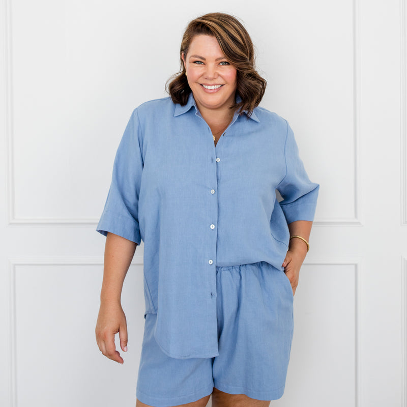 Styling You The Label Grace cotton linen short-sleeve shirt - blue, made in Australia