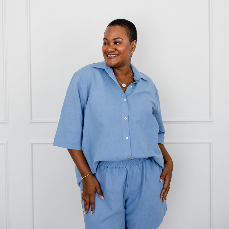 Styling You The Label Grace cotton linen short-sleeve shirt - blue, made in Australia