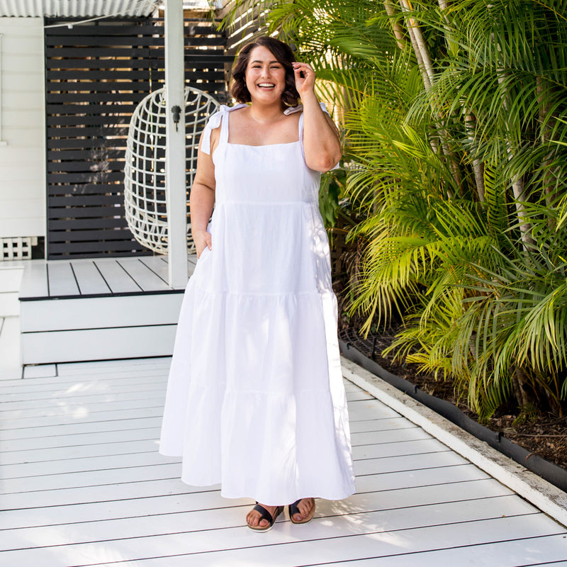 Styling You The Label Melanie stretch linen tiered maxi dress - white, made in Australia