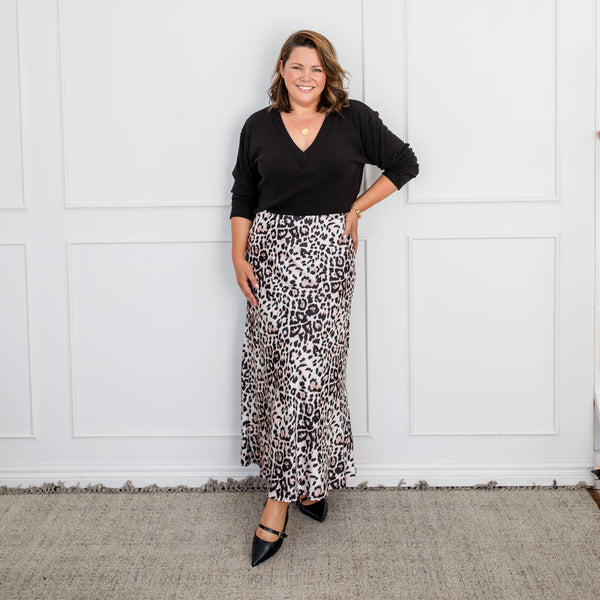 Styling You The Label Pia stretch satin maxi slip skirt - leopard; made in Australia