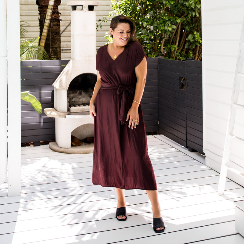 Styling You The Label Sandra multi-wear technical maxi dress in chocolate, made in Australia