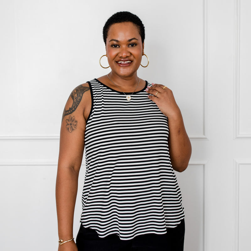 Styling You The Label Shae crew-neck tank - black and white stripe, made in Australia