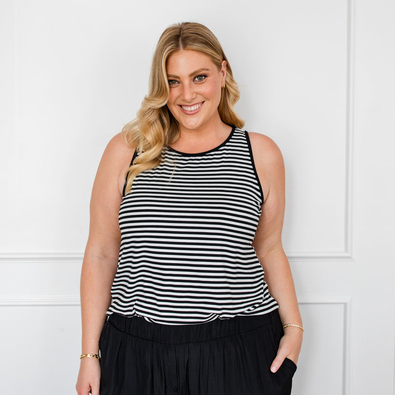 Styling You The Label Shae crew-neck tank - black and white stripe, made in Australia