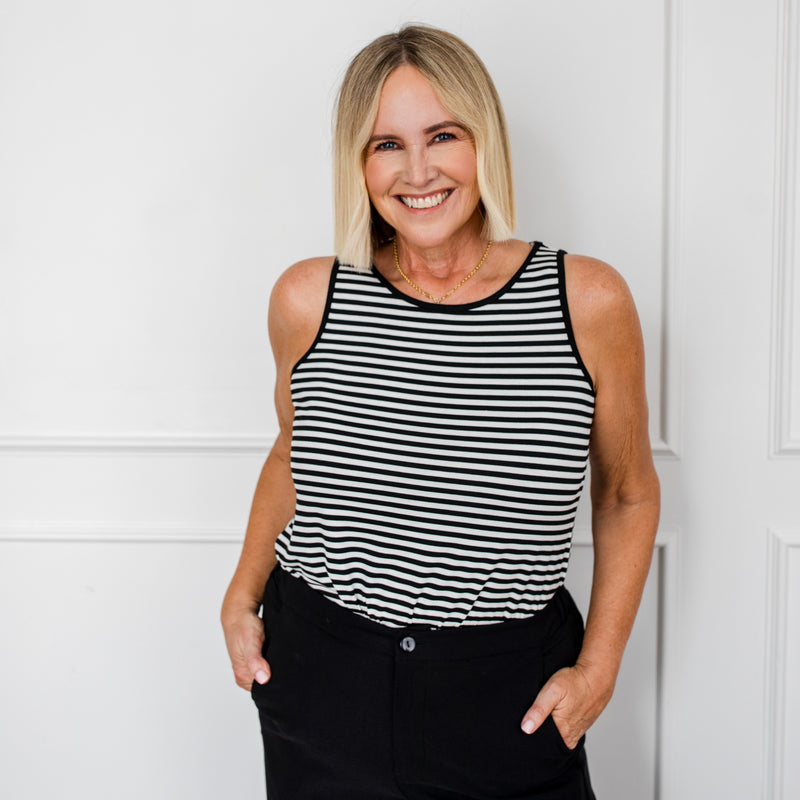 Styling You The Label Shae crew-neck tank - black and white stripe, made in Australia