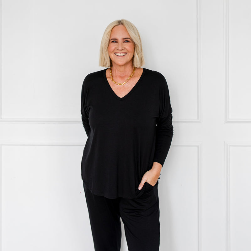 Styling You The Label Sharon relaxed V-neck long sleeve tee - black Made in Australia