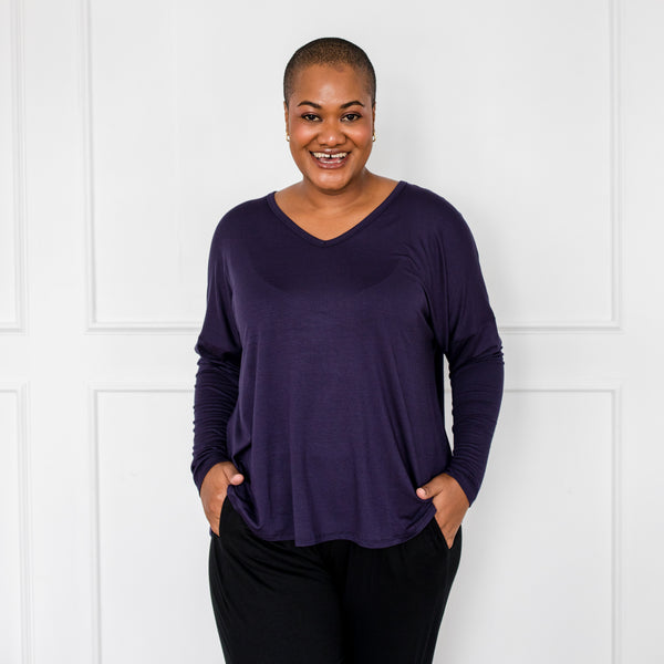 Styling You The Label Sharon relaxed V-neck long sleeve tee - navy Made in Australia