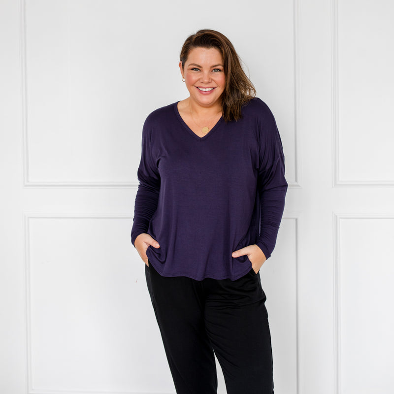 Styling You The Label Sharon relaxed V-neck long sleeve tee - navy Made in Australia