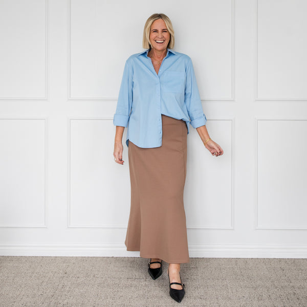 Styling You The Label Suellen a-line ponte midi skirt - camel, made in Australia