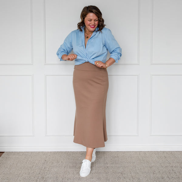 Styling You The Label Suellen a-line ponte midi skirt - camel, made in Australia