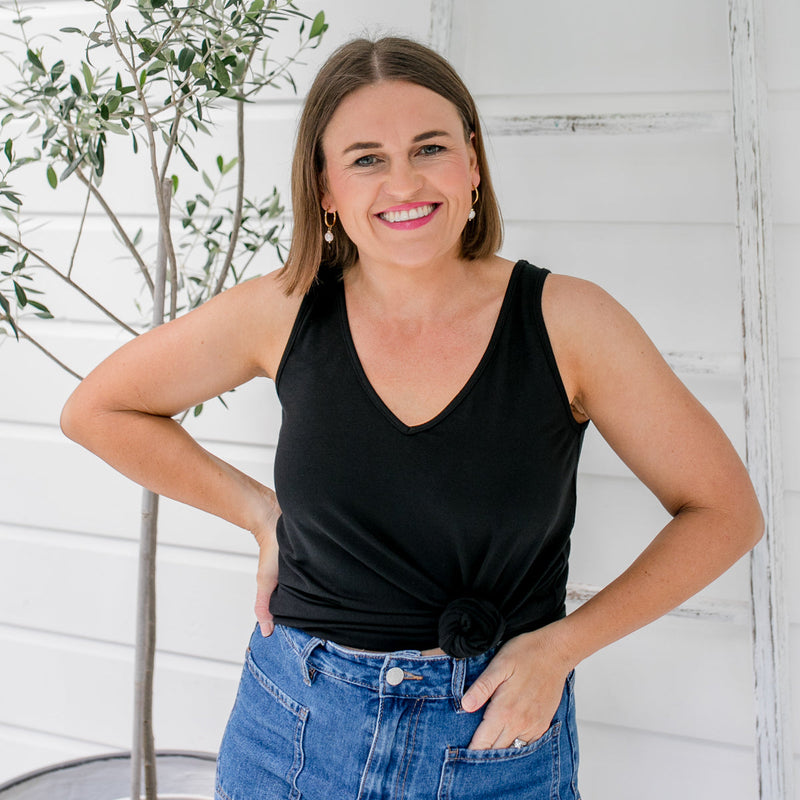 Styling You the Label Taisa jersey relaxed V-neck tank in black. Made in Australia.