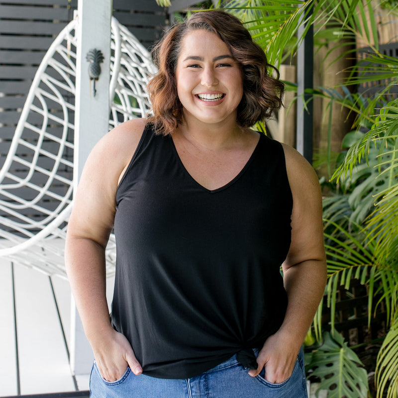 Styling You the Label Taisa jersey relaxed V-neck tank in black. Made in Australia.