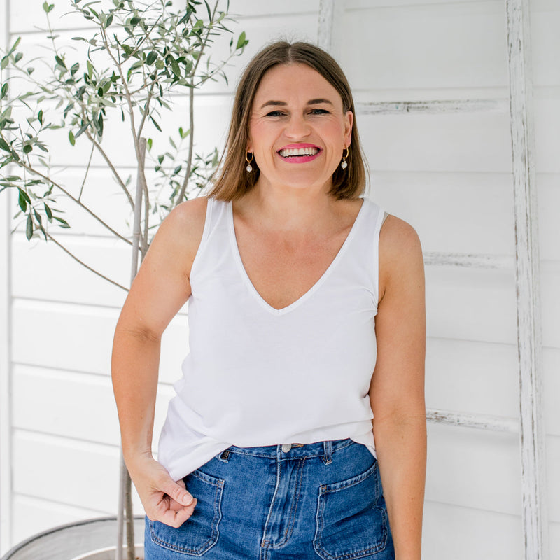 Styling You the Label Taisa jersey relaxed V-neck tank in white. Made in Australia.