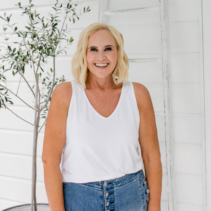 Styling You the Label Taisa jersey relaxed V-neck tank in white. Made in Australia.