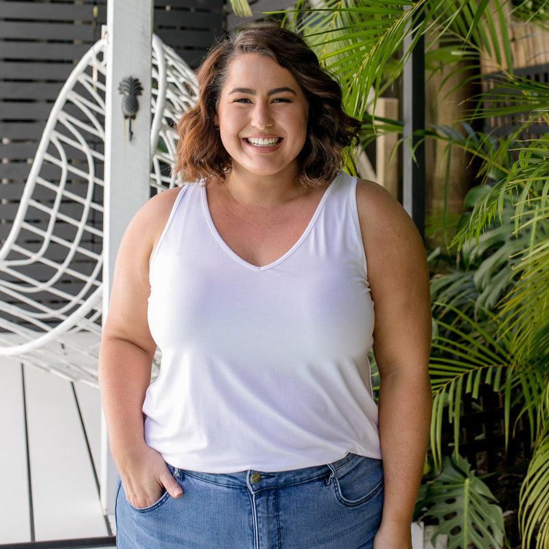 Styling You the Label Taisa jersey relaxed V-neck tank in white. Made in Australia.