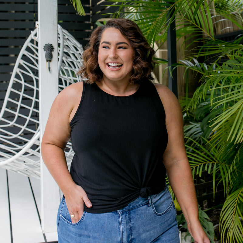 Styling You the Label Tara jersey relaxed crew-neck tank in black. Made in Australia.