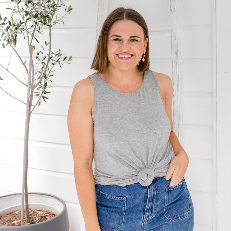 Styling You the Label Tara crew-neck tank in grey. Made in Australia.