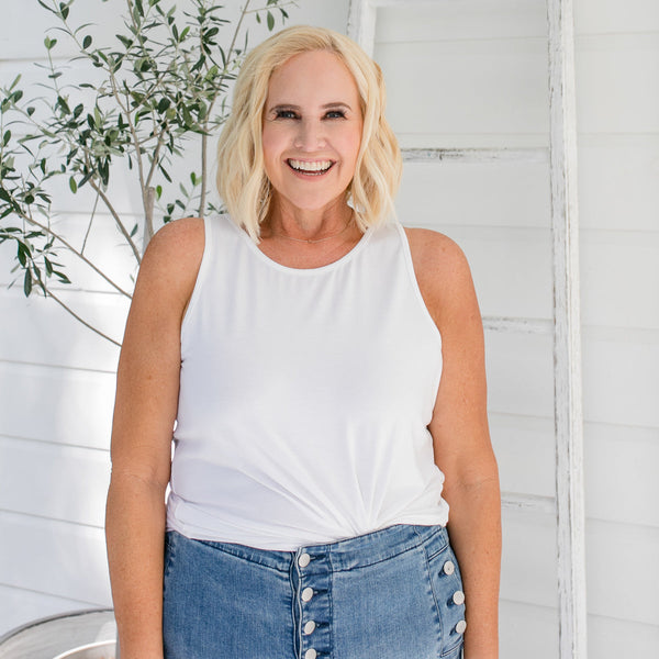 Styling You the Label Tara jersey relaxed crew-neck tank in white. Made in Australia.