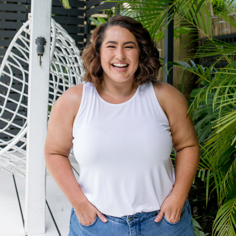 Styling You the Label Tara jersey relaxed crew-neck tank in white. Made in Australia.