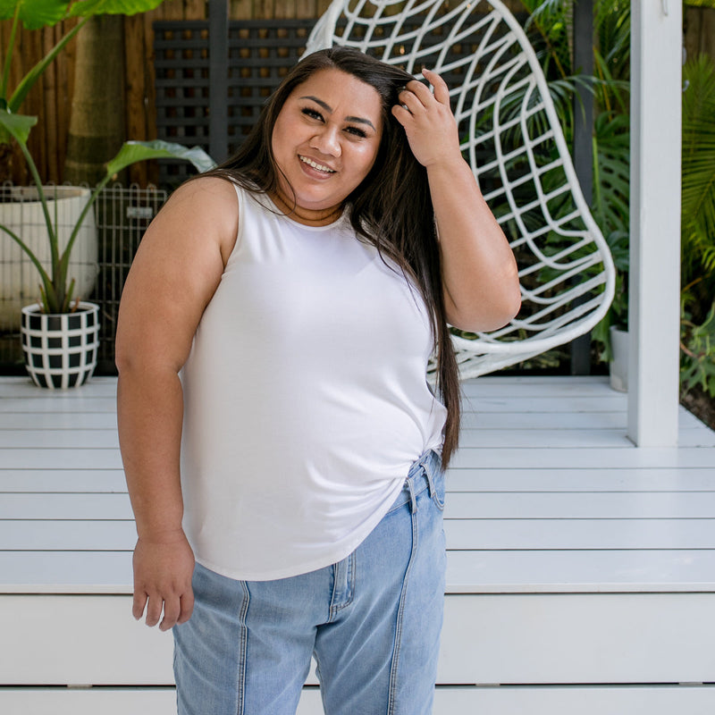 Styling You the Label Tara jersey relaxed crew-neck tank in white. Made in Australia.