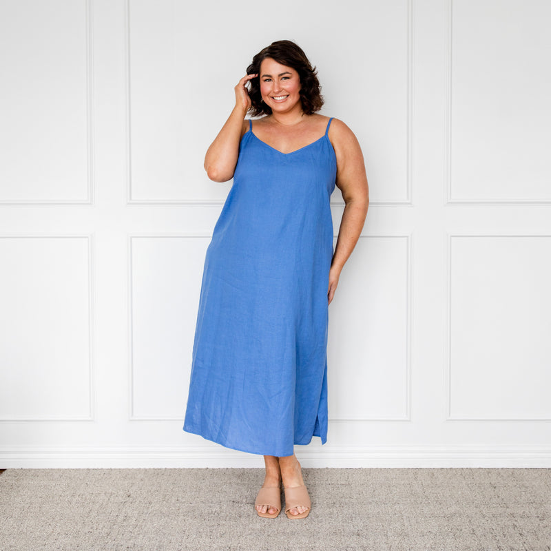 Styling You The Label Valyn spaghetti strap linen midi dress - marine blue, made in Australia