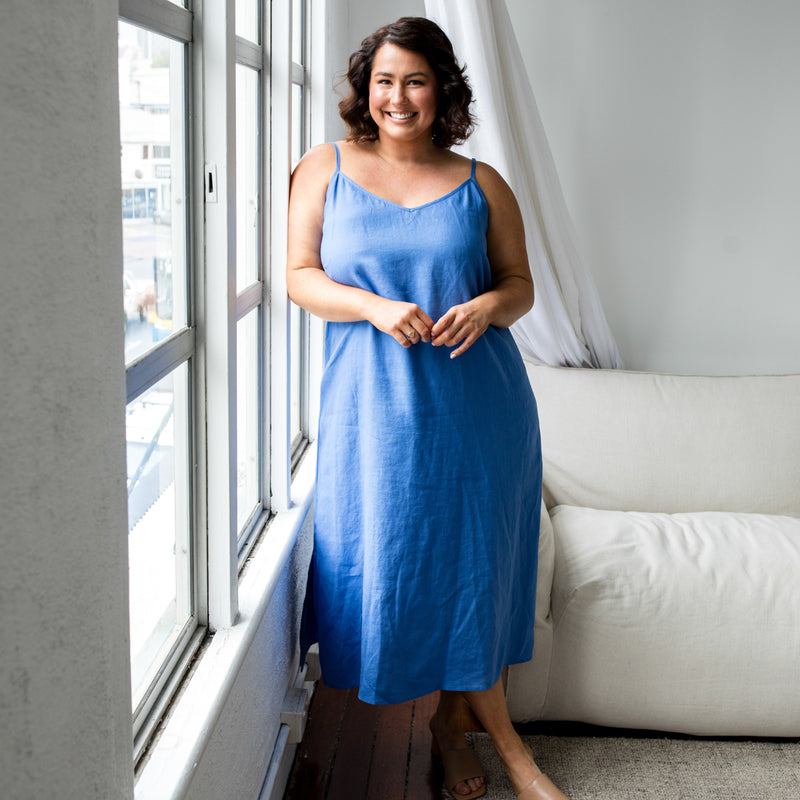 Styling You The Label Valyn spaghetti strap linen midi dress - marine blue, made in Australia