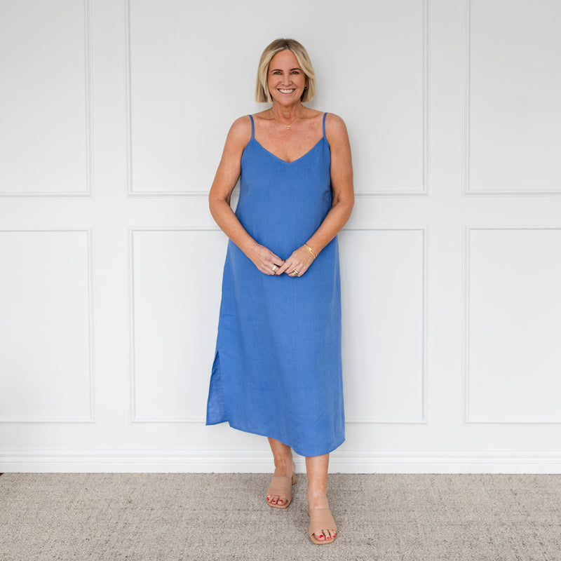 Styling You The Label Valyn spaghetti strap linen midi dress - marine blue, made in Australia