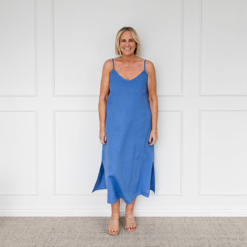 Styling You The Label Valyn spaghetti strap linen midi dress - marine blue, made in Australia