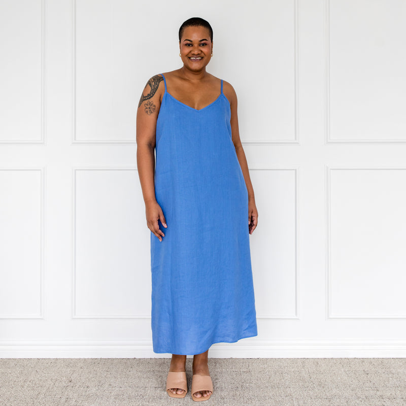 Styling You The Label Valyn spaghetti strap linen midi dress - marine blue, made in Australia