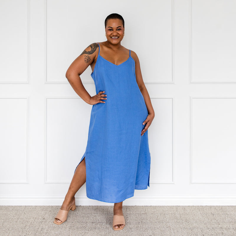 Styling You The Label Valyn spaghetti strap linen midi dress - marine blue, made in Australia