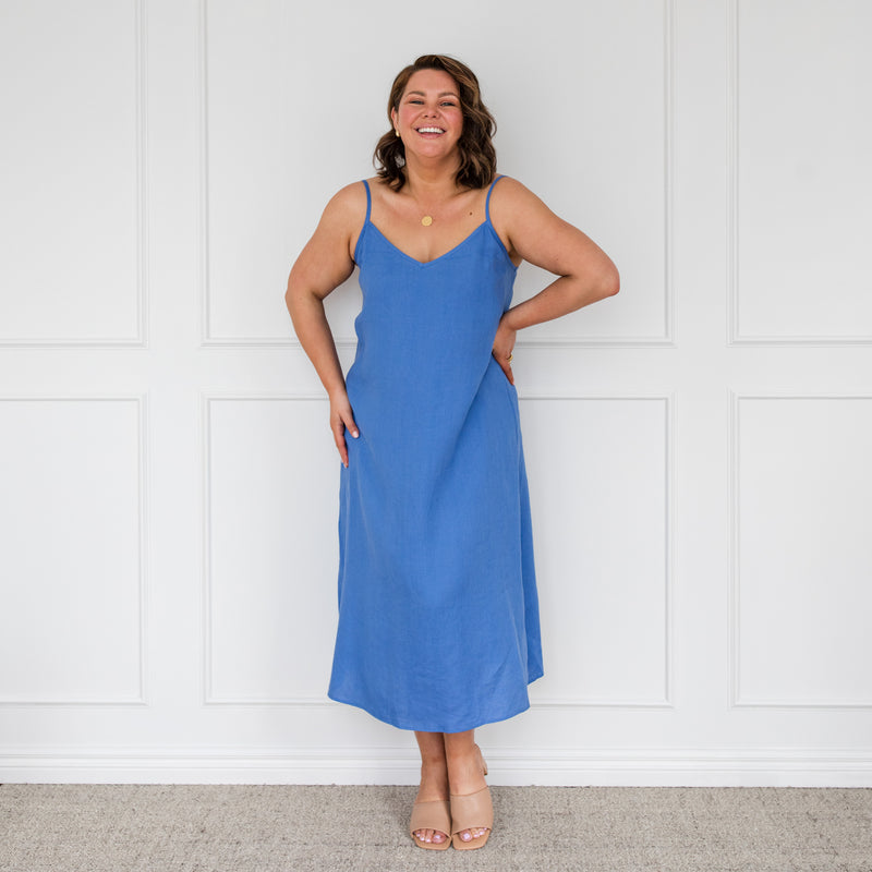 Styling You The Label Valyn spaghetti strap linen midi dress - marine blue, made in Australia