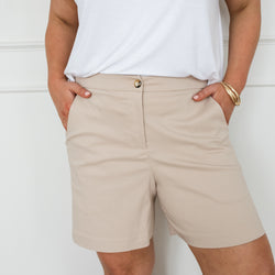 Styling You The Label Zed stretch tailored shorts in beige, made in Australia