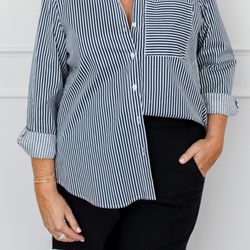 Styling You The Label Cassandra relaxed stretch cotton shirt - navy white stripe, made in Australia